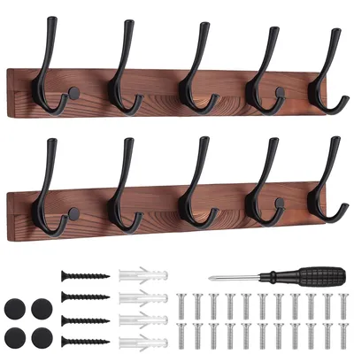 Obrázek produktu pro 2 kusy dřevěných nástěnných věšáků s 5 háčky - 40 cm