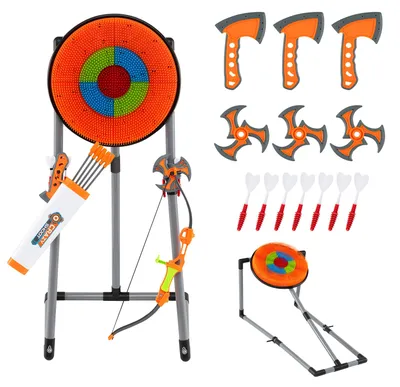 Zdjęcie produktu dla Zestaw do gry w rzucaniu toporami COSTWAY, 4 w 1: zawiera topory, łuk, tarczę, 5 strzał, 3 topory, 3 strzały w kształcie gwiazd oraz 6 standardowych strzał. Idealny do użytku wewnątrz i na zewnątrz