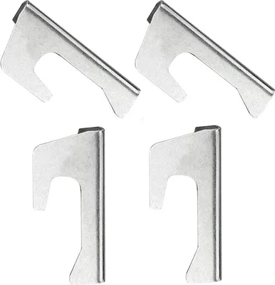 Four metal brackets are arranged in a two-by-two grid against a white background.