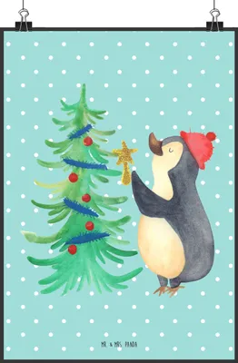 Produktbild von Mr. & Mrs. Panda Bild Pinguin Weihnachtsbaum DIN A2 - Türkis Pastell - Geschenk, Weihnachten, wandkunst, wanddeko, Winter, Kunstdruck, drucke, Wanddekoration
