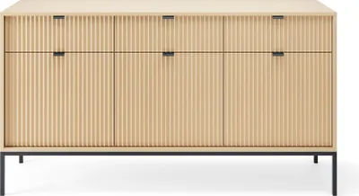 Produktbild von Möbae Lumina KSZ154 Kommode Eiche Vicenza 154 cm – Sideboard modern, 3 Schubladen, 3 Türen, viel Stauraum, schwarze Beine