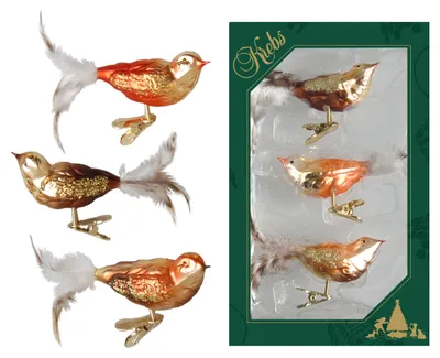 Produktbild von Krebs Glas Lauscha Weihnachtsbaumschmuck 3er Set - Vögel Herbstfarben auf Clip - aus Glas - ca. 11 cm