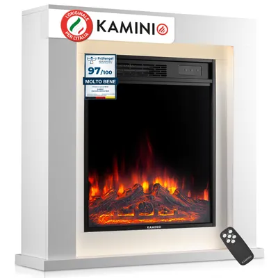 Immagine prodotto di KAMINIO Camino elettrico MATTI - Camino elettrico da pavimento con riscaldamento, effetto fiamma 3D, luce ambientale a LED, telecomando - 32 pollici, bianco