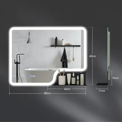 Image de Puluomis miroir de salle de bain avec éclairage antibuée 80x60, avec horloge et température miroir de salle de bain avec étagère LED 6500k dimmable blanc noir