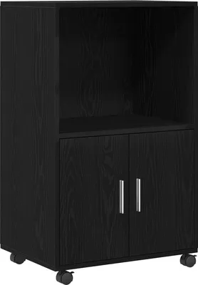 A black wooden cabinet with two doors and an open shelf above, mounted on wheels.