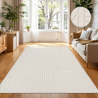 Produktbild von Outdoor Teppich Wetterfest Balkon Wohnzimmer Skandinavisch Boho Einfarbig Creme Grösse 160x220 cm