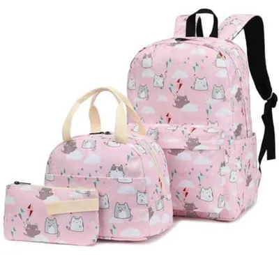 Immagine prodotto di Set da scuola per bambine, 3 pezzi, rosa, con motivo gatto, composto da zaino, borsa per il pranzo e astuccio