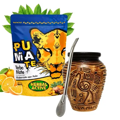 Image de Coffret de thé Yerba Mate PumaTe Herbal Active 500 g avec bol à maté en céramique « Aztek Honey » et bombilla - Thé Yerba Mate du Brésil aux arômes de fruits et d'herbes