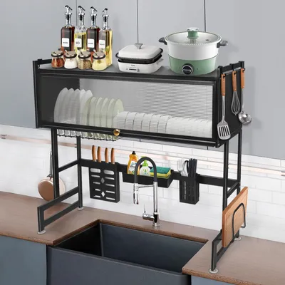 Produktbild von 3 Ebenen Abtropfgestell für Geschirr, großes Abtropfgestell über der Spüle mit Aufbewahrung,zur Aufbewahrung von Geschirr 85x28x77cm Schwarz