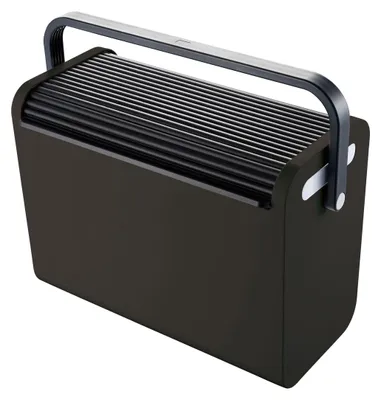 A dark gray filing box with a black ribbed lid and a gray handle.