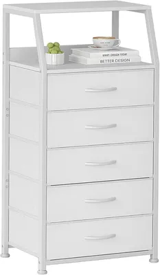 Immagine prodotto di Comodino con 5 cassetti rivestiti in tessuto, mobile contenitore stretto e alto, ideale per la camera da letto, con 2 ripiani in legno, colore bianco