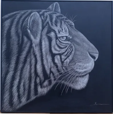 Produktbild von Fine Asianliving Ölgemälde 100%  Handgeschnitzt 3D Texture Rahmen Schwarz 100x100cm Tiger
