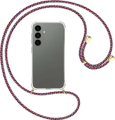 Produktbild von Handykette Backcover-Schutzhülle mit Band (Metall goldfarben) für Samsung Galaxy S24 - silber/blau/rot