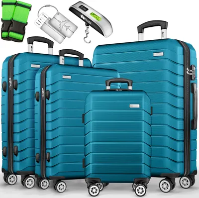 Produktbild von tillvex® Reisekoffer Set 4-TLG. + Gepäckwaage, 8X Koffergurte & 4X Kofferanhänger | Kofferset 4 Rollen | Trolley Gepäck Koffer TSA Schloss | Rollkoffer Hartschalenkofferset S-M-L-XL (Türkis)