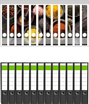 Produktbild von Wallario 12 Stück schmale Ordner inkl. Klebeetiketten mit Motive Bunte getrocknete Gewürze -  Set mit Rückenschildern / Ordnerrücken Stickern