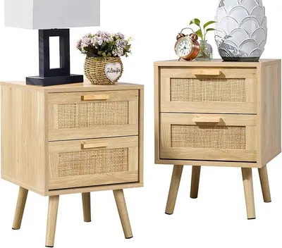 Immagine prodotto di Tavolino da comodino, set da 2, con due cassetti decorati a mano in rattan, tavolino da notte in legno, con spazio contenitivo per la camera da letto, stile naturale, confezione da 2 pezzi
