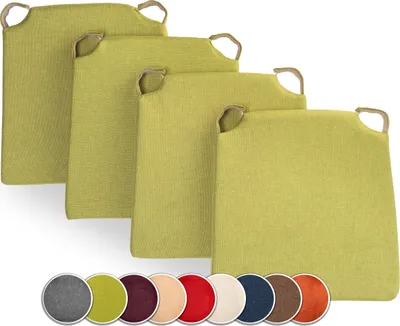 A set of four green chair cushions arranged in a staggered formation, with a row of color swatches below.