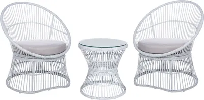 A white rattan three-piece outdoor furniture set consisting of two chairs and a small table, presented on a white background.