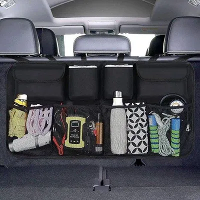 Produktbild von Auto-Organisator für den Kofferraum aus Metall mit 8 Taschen, verstellbarer Riemen und 3 Befestigungslinien, Auto-Organisator für Kinder, geeignet für SUV und MPV