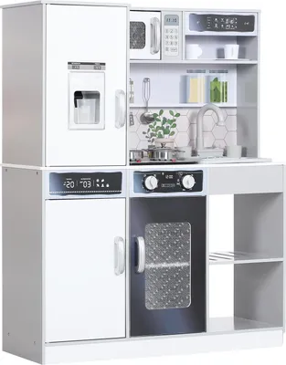 Produktbild von Kinderküche Spielküche mit Lichtern und Geräuschen Kochherd, fließendes Wasser, Kaffeemaschine, Kühlschrank, Mikrowelle, Eiswürfelmaschine, Küchenzubehör für 3-8 Jahre Kinder, Weiß
