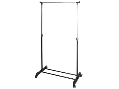 A black and silver rolling garment rack is shown against a white background.