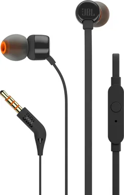 A pair of black JBL in-ear headphones with orange accents and a gold 3.5mm jack.