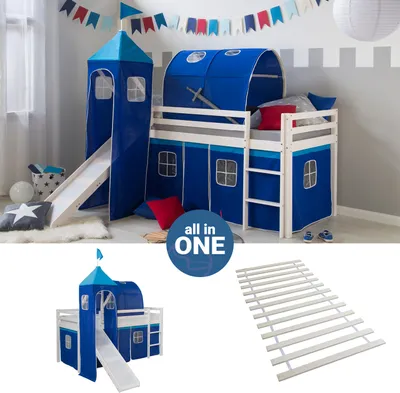 Produktbild von Homestyle4u 2567, Hochbett 90x200 mit Rutsche, Turm, Tunnel, Lattenrost, Vorhang blau Kinderbett Weiß Holz Kiefer Massiv Jugendbett