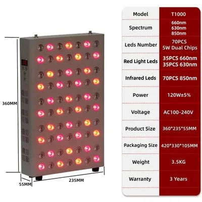 Produktbild von Rotlichttherapie-Panel - T1000PRO LED-Therapielampe - 660 nm Rotes Licht - 850 nm Nahinfrarotlicht - Hautstraffung - Gesicht und Körper - Metall