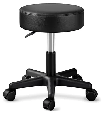 Produktbild von Höhenverstellbarer Rollhocker Schwarz bis 150 kg | Drehhocker mit 10 cm dicker Polsterung und Sitzhöhe von 47-60 cm | 360° drehbarer Arbeitshocker mit Rollen