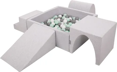 Obrázok produktu pre KiddyMoon Mäkké penové ihrisko pre deti s Štvorec loptičkovým ihriskom (200 ∅ 7 cm) s mäkkými prekážkami a loptičkovým bazénom,  vyrobené v EÚ, Svetlo šedá:Biela/Grey/Mätový, Verzia 3