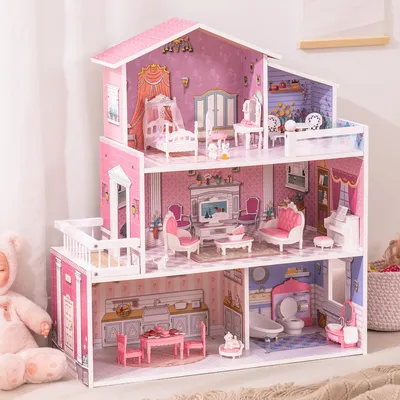 Imagen del producto de Juego de casa de muñecas de madera, con 5 habitaciones y 24 piezas de mobiliario, para niños