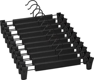 Immagine prodotto di Uniqoos® Confezione da 10 appendiabiti per pantaloni con clip antiscivolo regolabili (21–28 cm), in plastica e filo resistente, salvaspazio, dimensioni 29×3×13,5 cm, colore nero