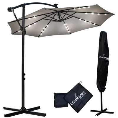 Obrázok produktu pre Záhradný slnečník LEHMANN FLASH so solárnym osvetlením, skladací, priemer 350 cm, sivý, nastaviteľný uhol, s krytom