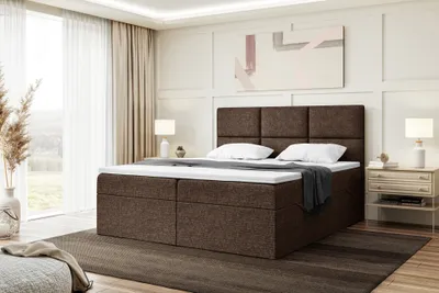 Produktbild von MEBLINI Boxspringbett mit Bettkasten - Gepolstert Doppelbett mit Matratze und Topper - Polsterbett mit Stauraum - Bett mit Kopfteil - Stauraumbett - KYLIAN - 140x200 - H4/Braun Webstoff