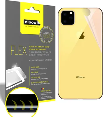 A product package for a screen protector next to a yellow iPhone.