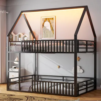 Produktbild von Kinder-Etagenbett im Hausdesign mit Rausfallschutz und LED-Beleuchtung, Schwarz, 140 x 200 cm