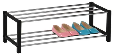 Produktbild von Schuhregal DUBLIN mit 2 Ablagen in schwarz. Robustes Metallregal mit edel verchromter Schuhablage. Flurmöbel Schuhaufbewahrung, Organizer für den Flur.