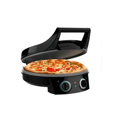 A black electric pizza oven with a pizza inside, shown from a slightly elevated angle.