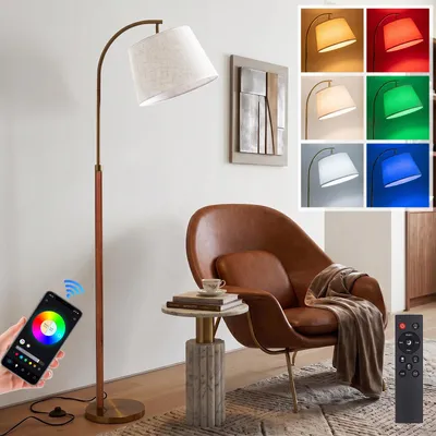 Immagine prodotto di Lampada da terra in legno, altezza 170 cm, con illuminazione RGB, dimmerabile, lampadina inclusa, telecomando e interruttore a pedale. Lampada da terra girevole, ideale per soggiorno e camera da letto