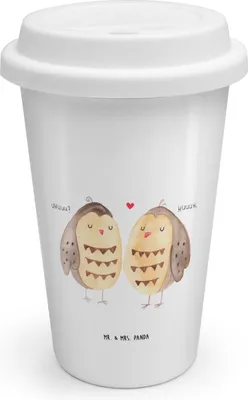 Produktbild von Mr. & Mrs. Panda Thermobecher To Go Eulen Liebe - Weiß - Geschenk, ToGo Kaffeebecher, Mehrwegbecher, Eule, keramik, Verliebt, Owl, glücklich