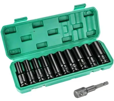 Produktbild von Schlagschrauber Nüsse Set 11tlg 1/2'' Metrisch 10-24mm Sechskant Stecknüsse mit Adapter und Werkzeugkasten