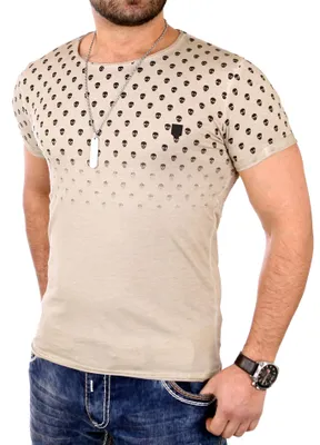 Produktbild von Reslad T-Shirt Herren Vintage Totenkopf Print Rundhals Shirt RS-20022 Beige M