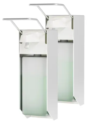Image de Distributeur de savon 1000 ml, lot de 2, avec fixation murale et système de pression au coude, en aluminium, de couleur blanche