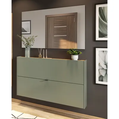 Produktbild von Garderobe Flurgarderobe schmal in grün mit Eiche ABERDEEN-01 modern 2-teilig mit Spiegel