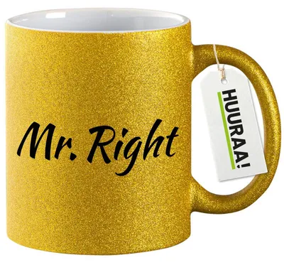 Produktbild von Huuraa Glitzertasse Mr. Right Schriftzug 330ml Gold Keramik Kaffeebecher Geschenkidee