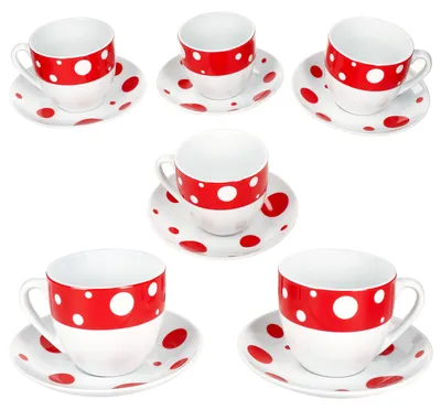 Immagine prodotto di Tazze da caffè a pois rossi Pula con piattini per 6 persone in porcellana da tè a pois