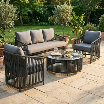 Produktbild von Outdoor Sofa Set KULO 4-teilig, grau – Lounge-Set aus Aluminium mit Rope-Bespannung, Couchtisch mit Glasplatte, inklusive 5 bequemer Kissen, wetterfest für Balkon Terrasse Garten