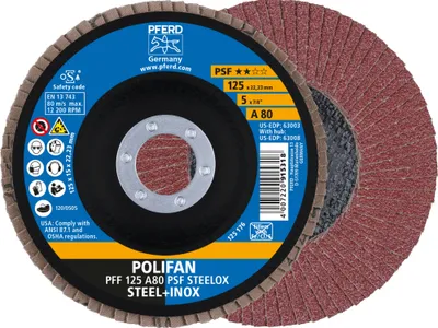 Produktbild von PFERD TOOLS POLIFAN Fächerscheibe PFF 125x22,23 mm flach A80 Universallinie PSF STEELOX Stahl/Edelstahl