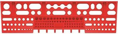 A red tool organizer with many holes for tools.