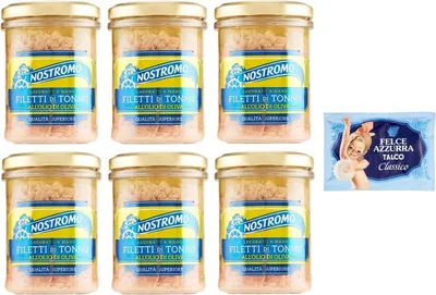 Produktbild von 6er-Pack Nostromo Thunfisch Filetti di Tonno all'Olio di Oliva,Thunfischfilets in Olivenöl,180g Glas + 1er-Pack Felce Azzurra Talkumpuder, 100g-Beutel